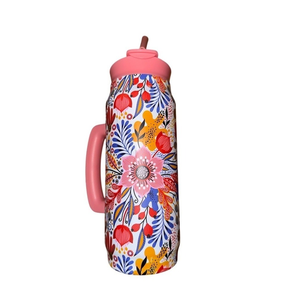 HYDRAGEAR Insulated Water Bottle‎ Floral Print Pink Handle Straw Lid 10.5in 40ML